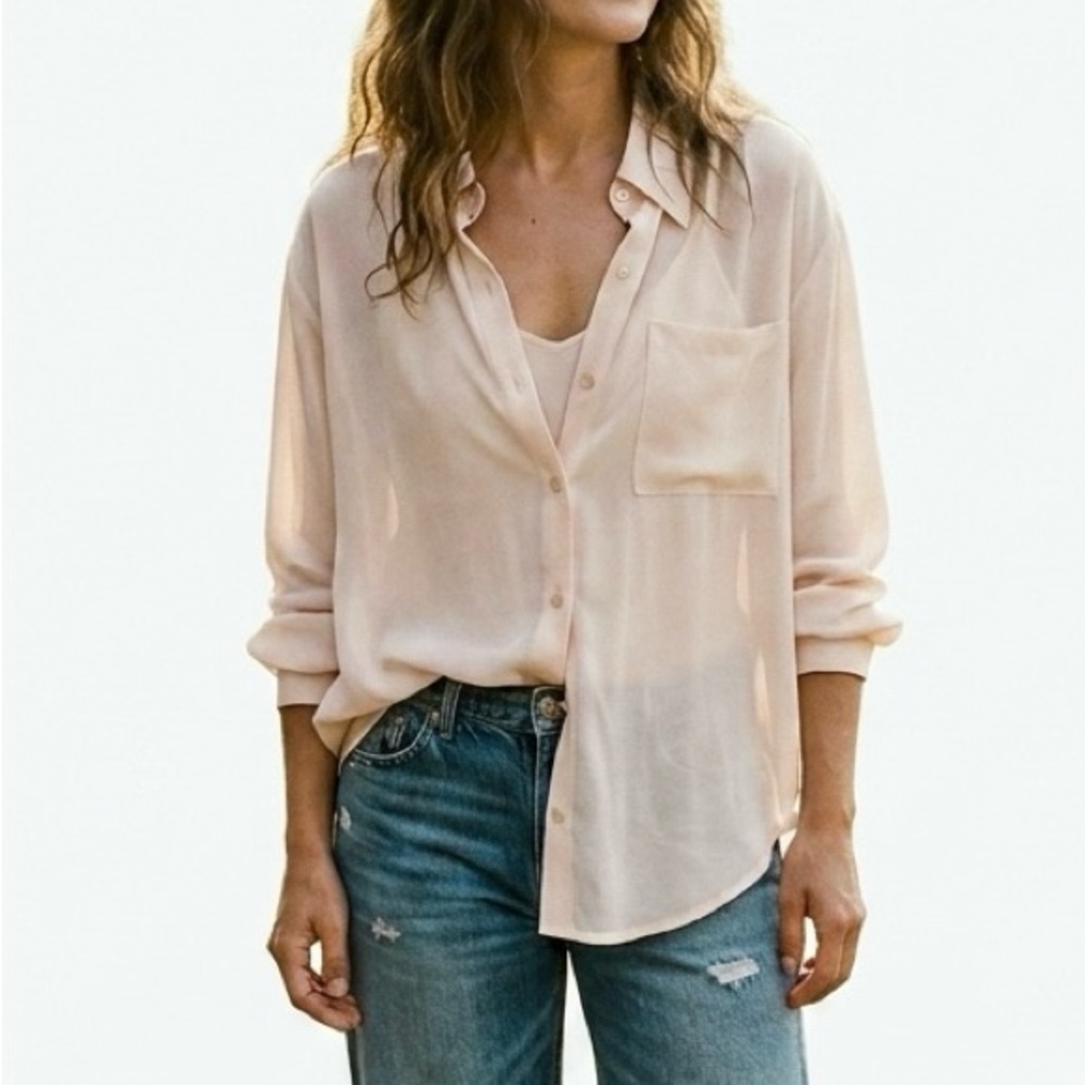 WAYF Peachy Long Sleeve Button Down Semi Sheer Chiffon Feel Blouse Top Coquette